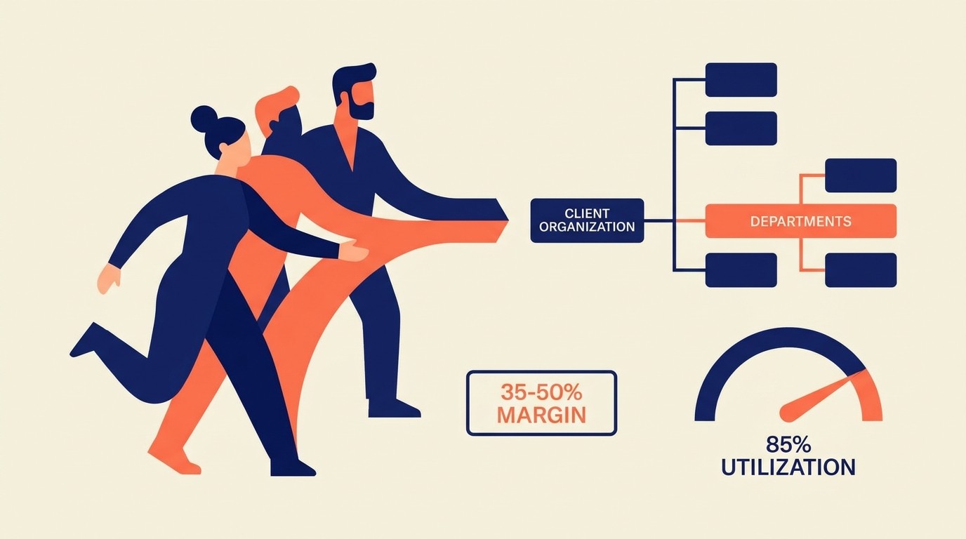 Staff augmentation model with consultants embedded under client direction at 35-50 percent margin