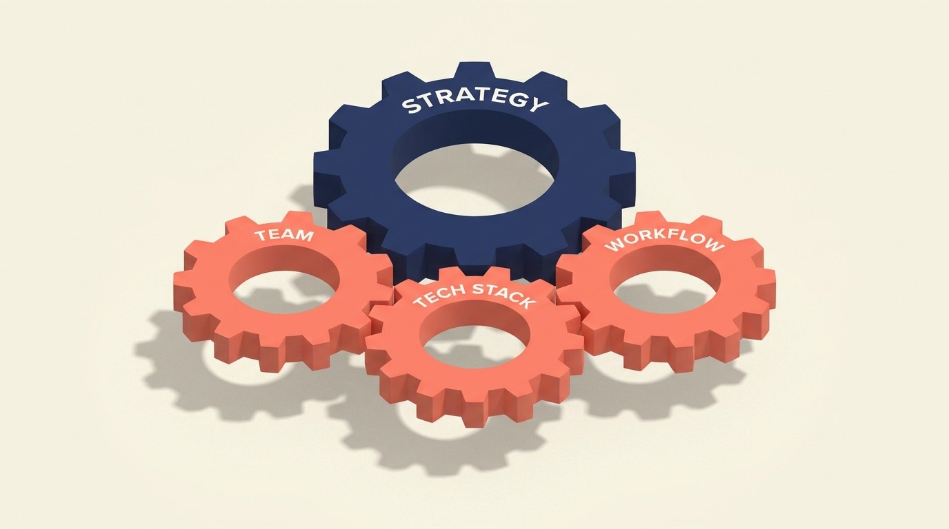 Content engine blueprint combining team structure, tech stack, and publishing workflow