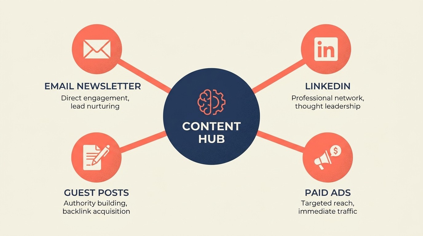 Owned, social, earned, and paid distribution channels for professional services content