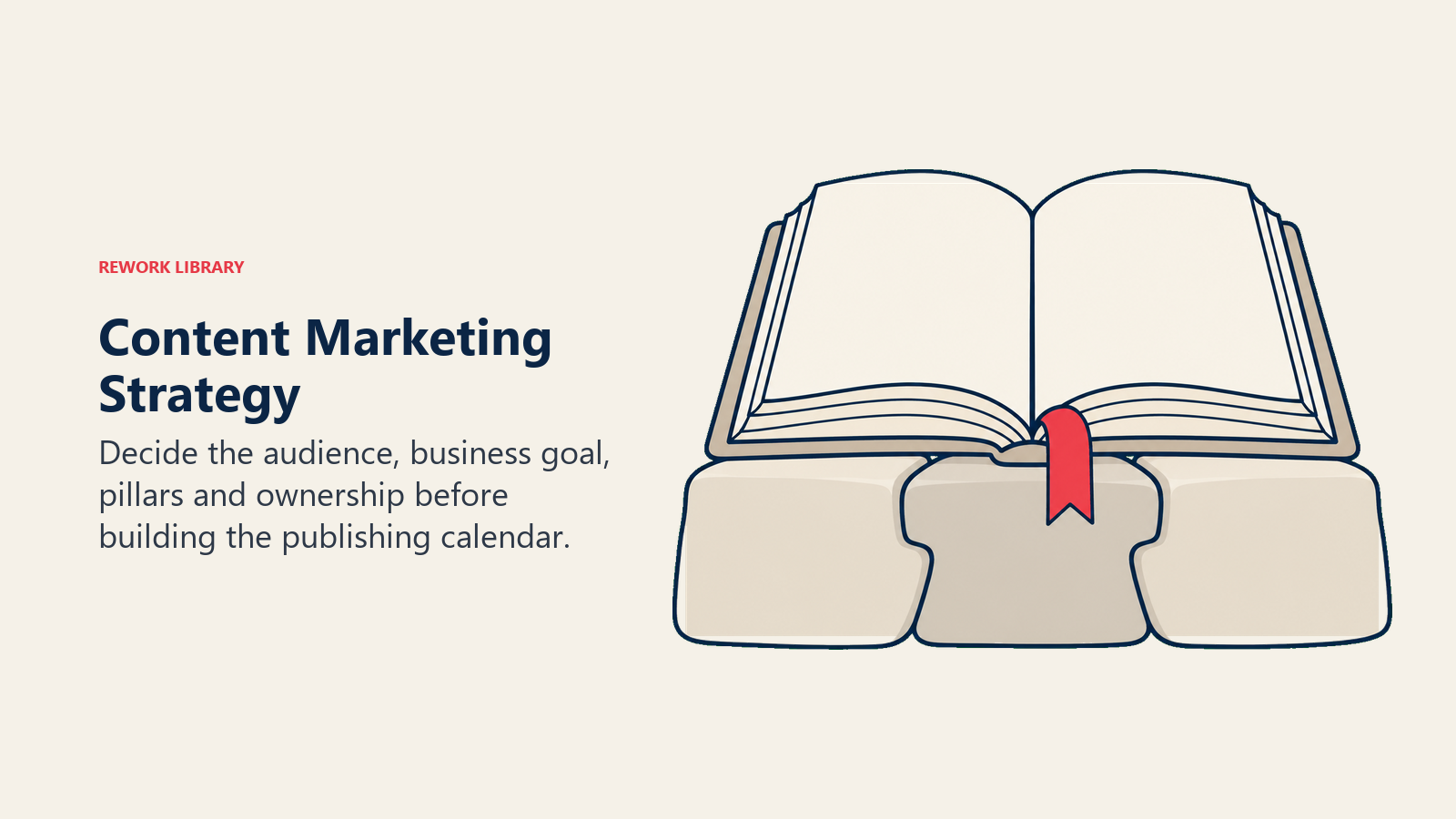 Content marketing strategy shown as an open book supported by interlocking planning foundations.