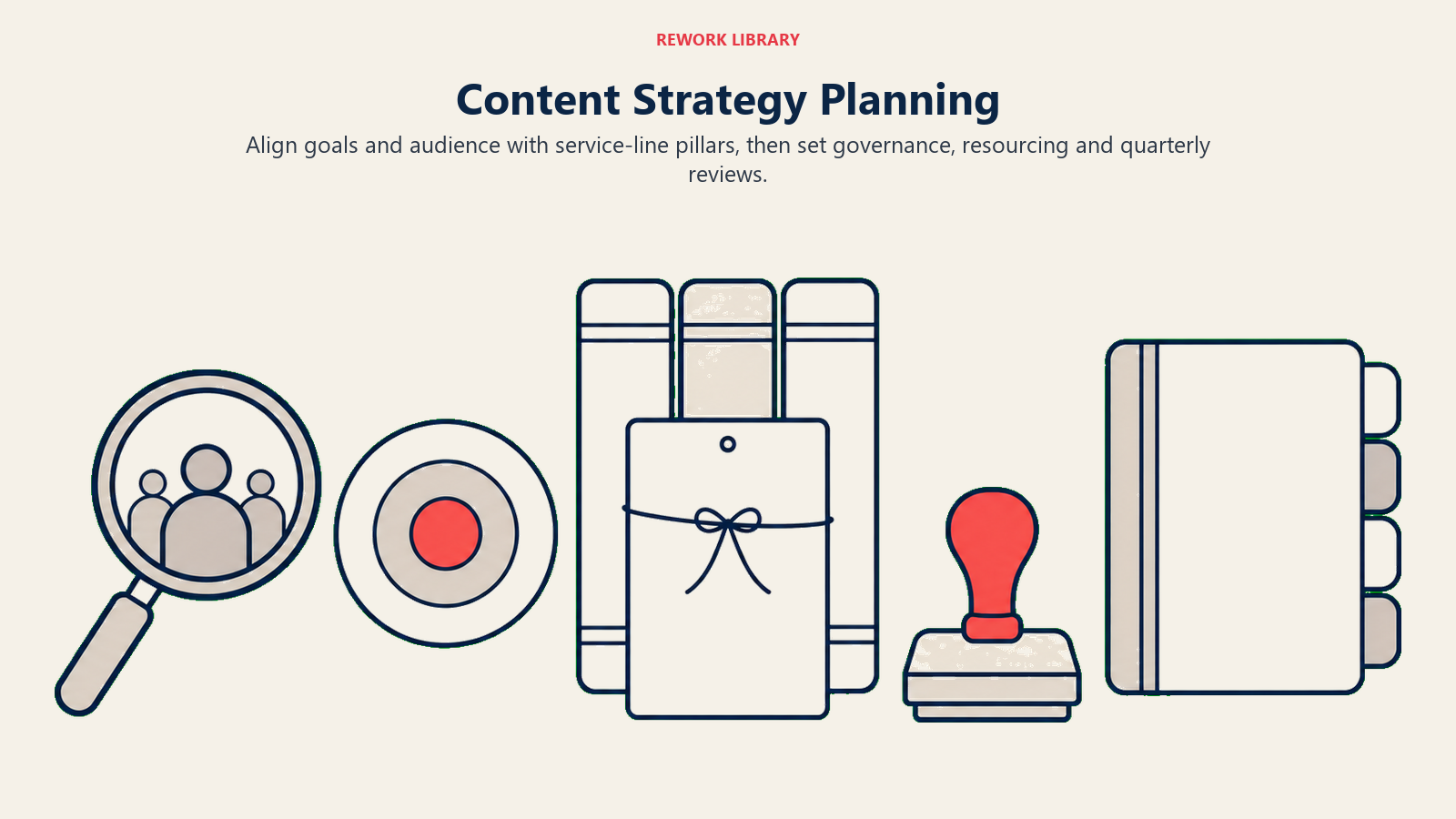 Content strategy planning workbench with audience lens, business target, service-line pillars and governance tools.