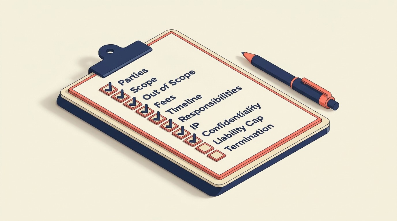 Essential contract components including scope, fees, IP rights, liability, and termination provisions