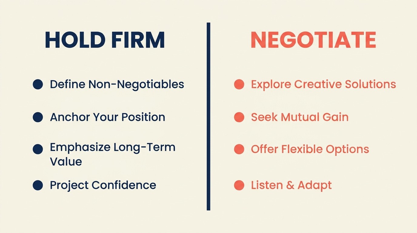 Contract negotiation framework showing non-negotiable terms, flexible provisions, and red flag clauses