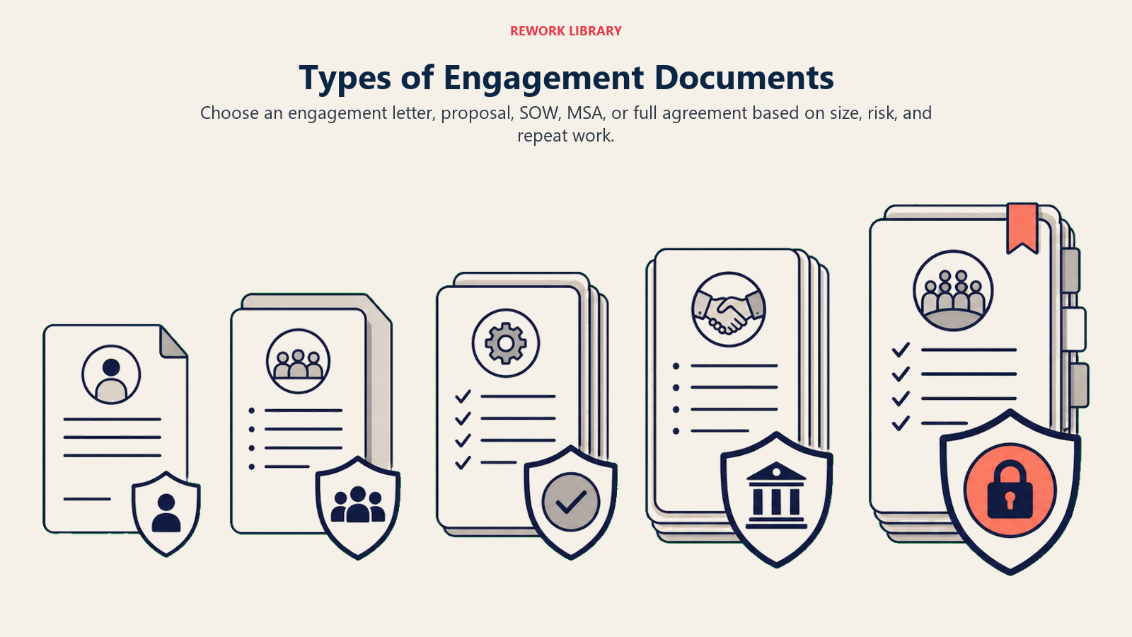 Types of Engagement Documents illustrated with agreement format landscape