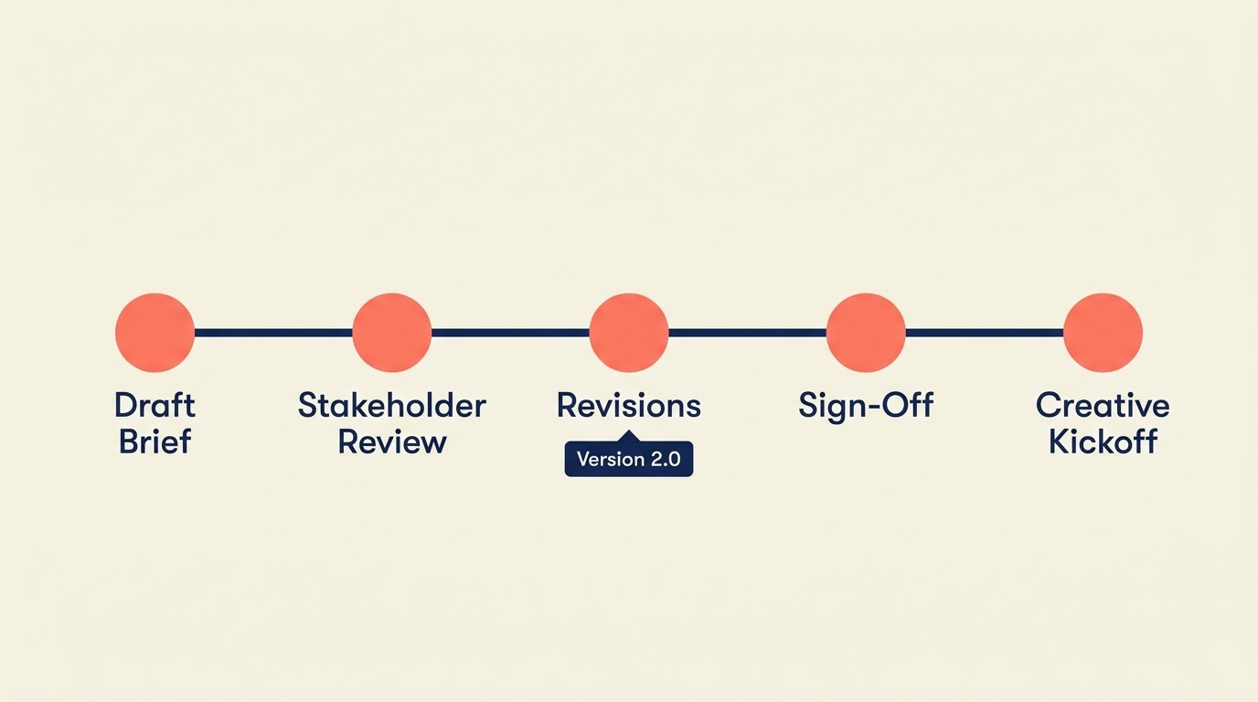 Client approval workflow from stakeholder involvement through review cycles to formal sign-off