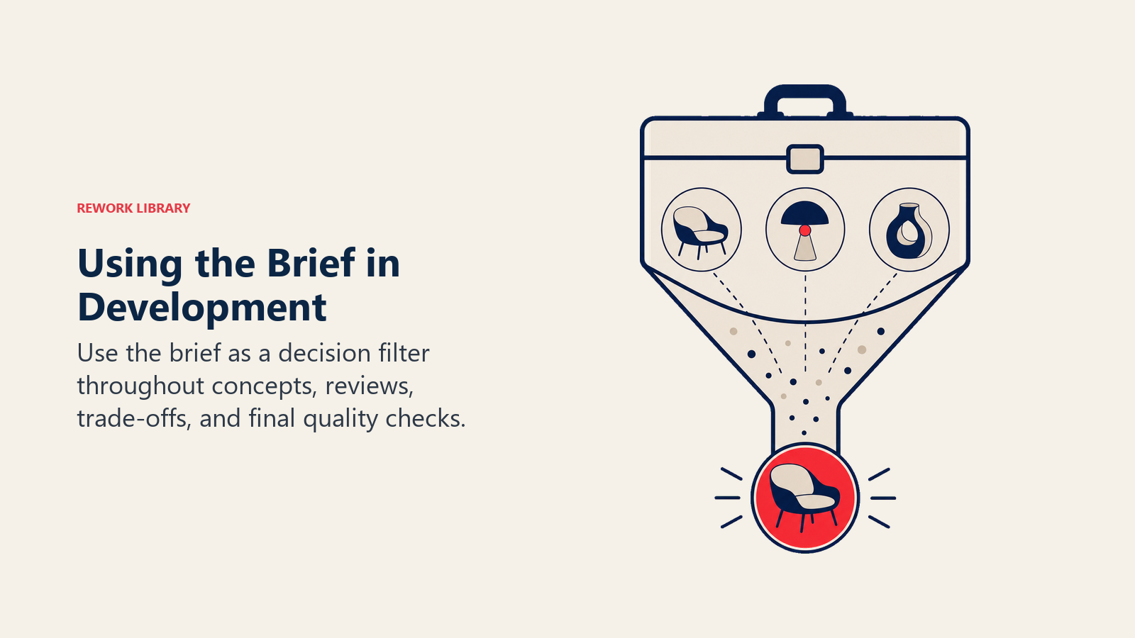 Using the Brief in Development visual showing a large brief-shaped filter testing three concept objects and releasing one coral-approved creative artifact