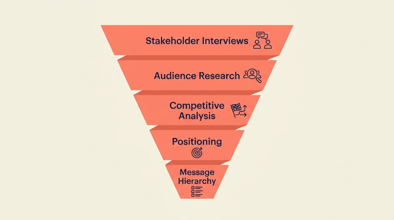 Discovery process flow from stakeholder interviews through audience research to strategic positioning