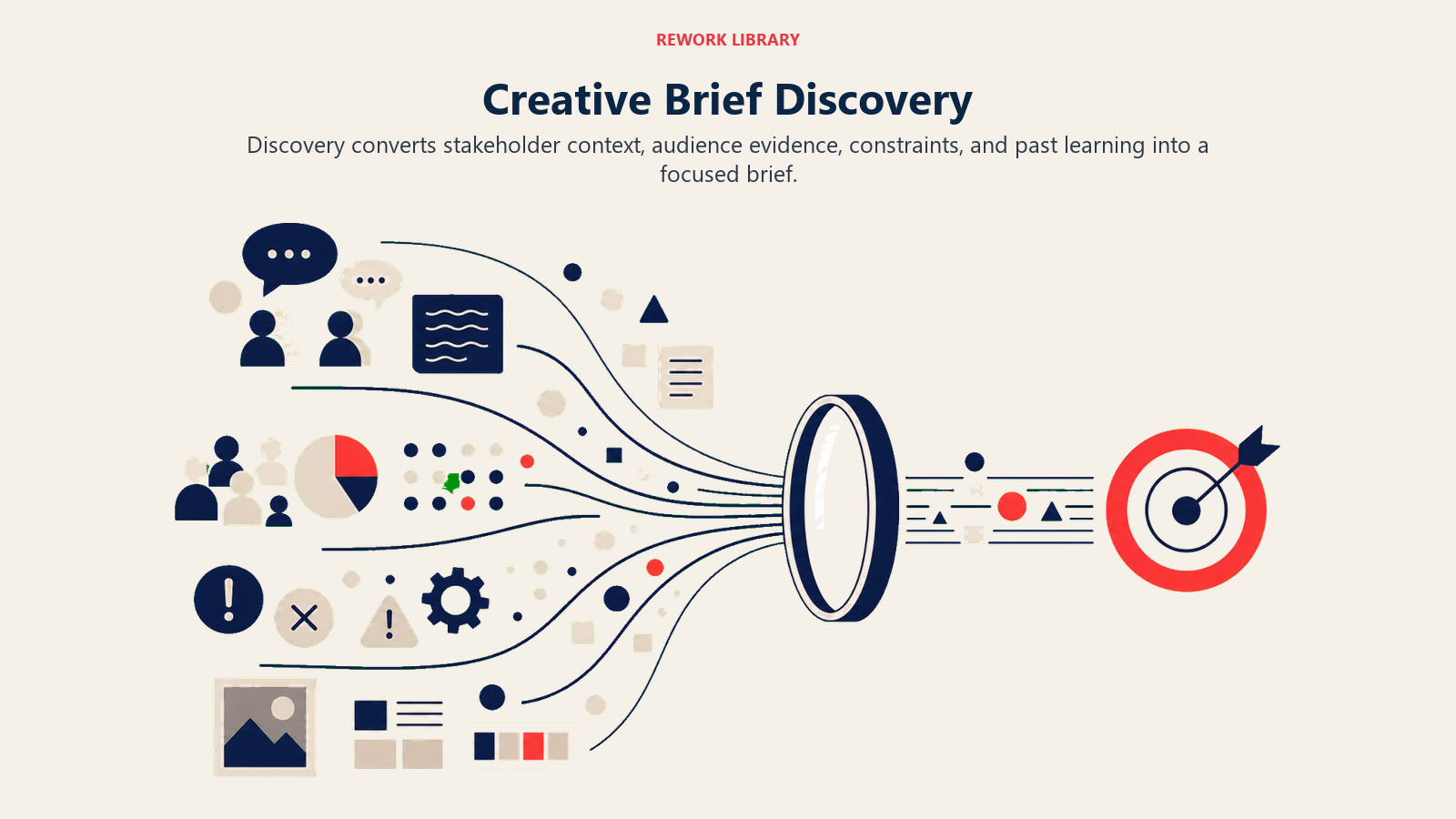 Creative Brief Discovery visual showing a wide discovery field where separate interview notes