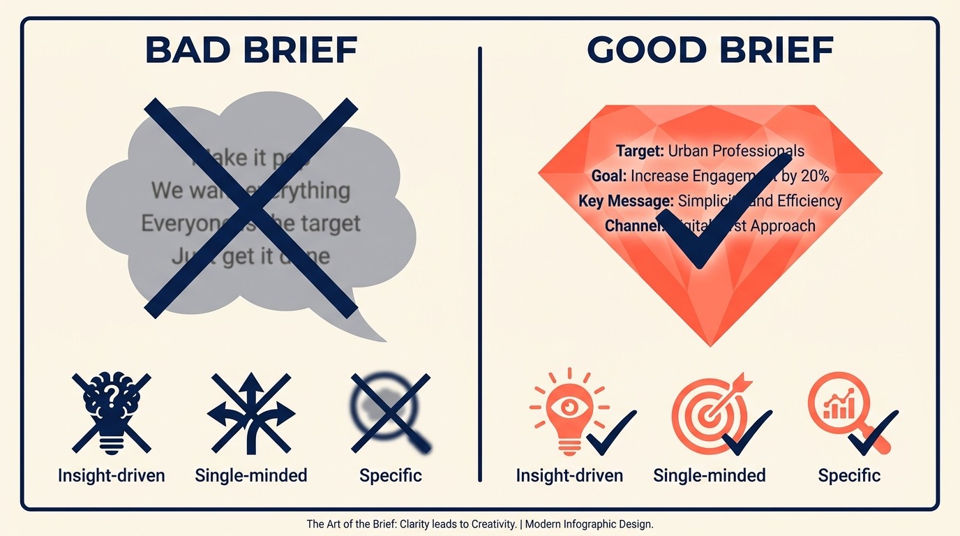Principles for effective brief writing showing clear language single focus and insight-driven approach