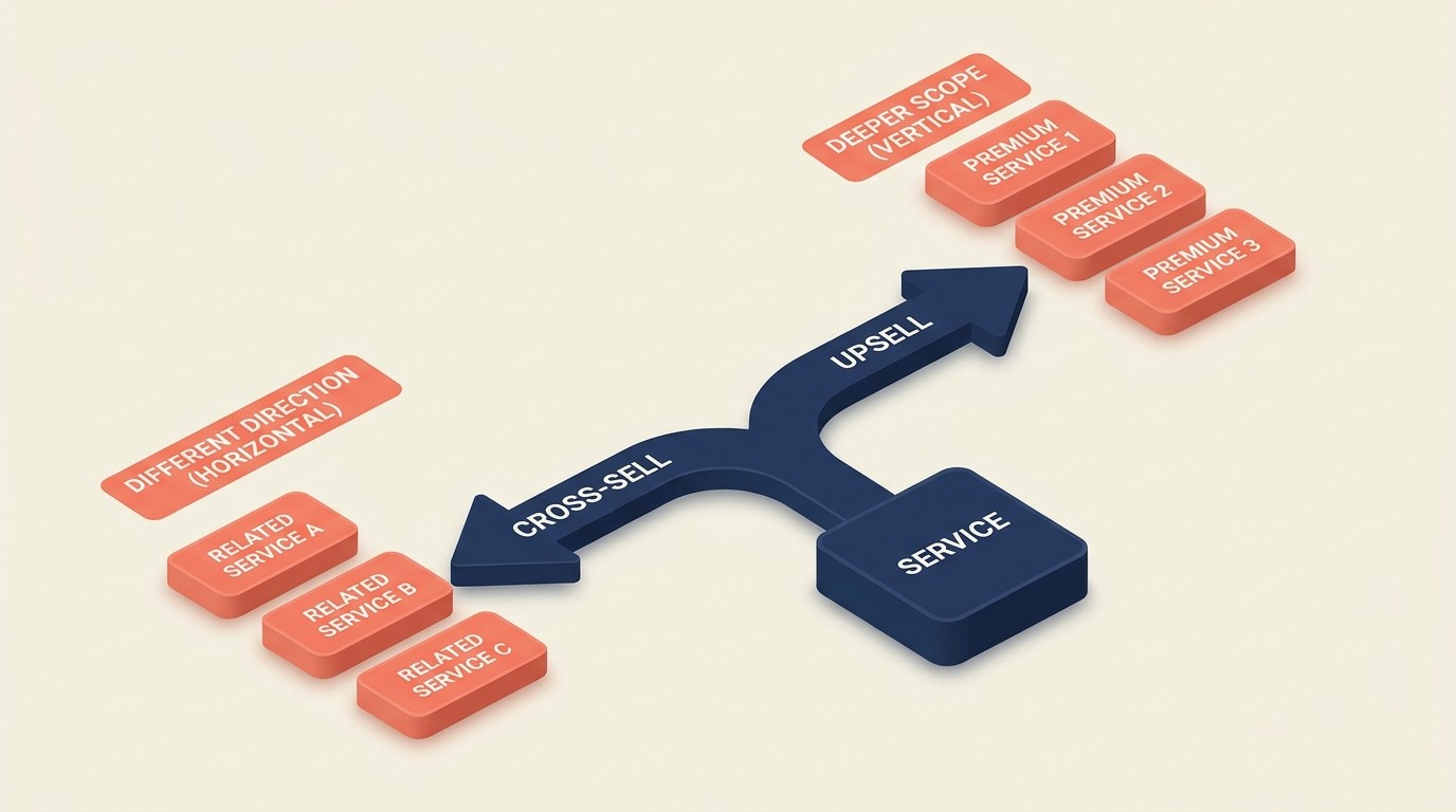 Diagram contrasting cross-sell, upsell, and expansion in professional services