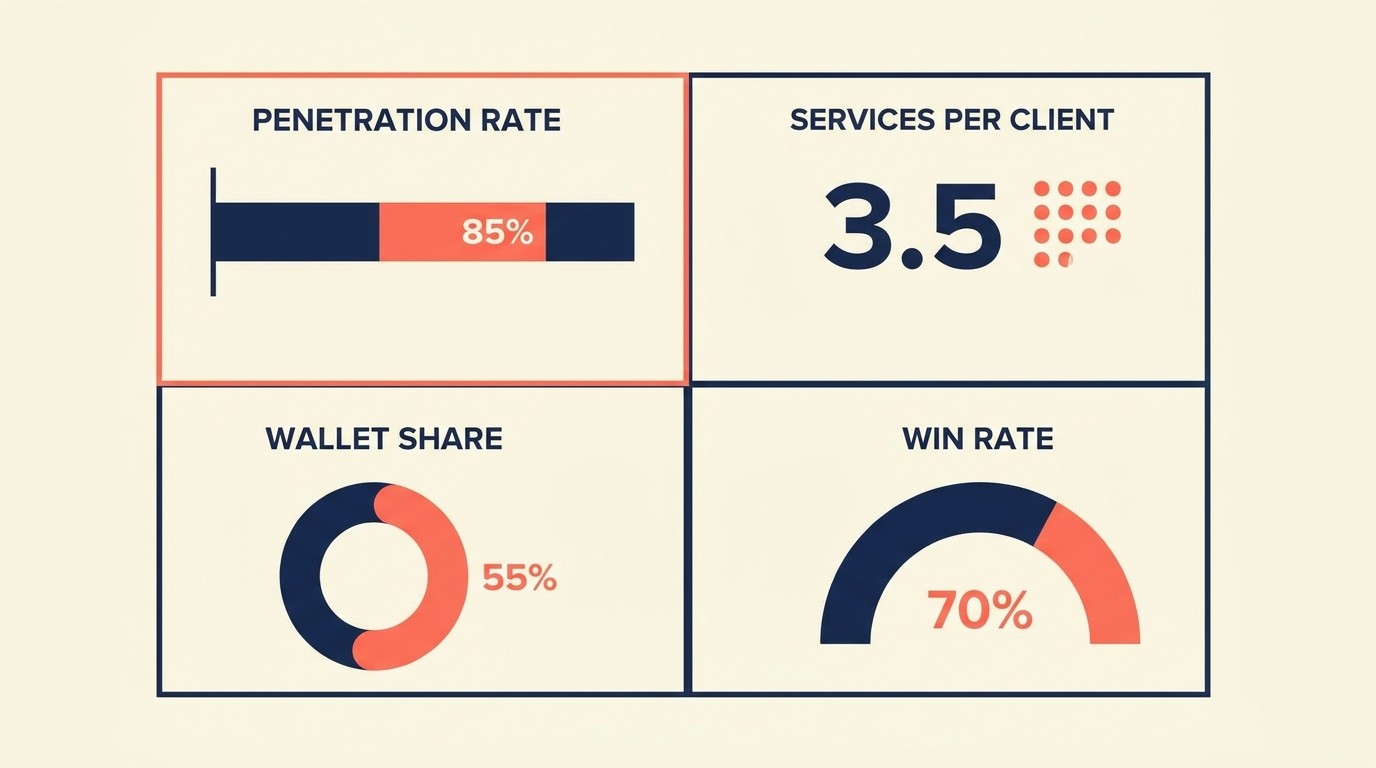 Dashboard of cross-sell metrics: penetration rate, services per client, wallet share, expansion revenue