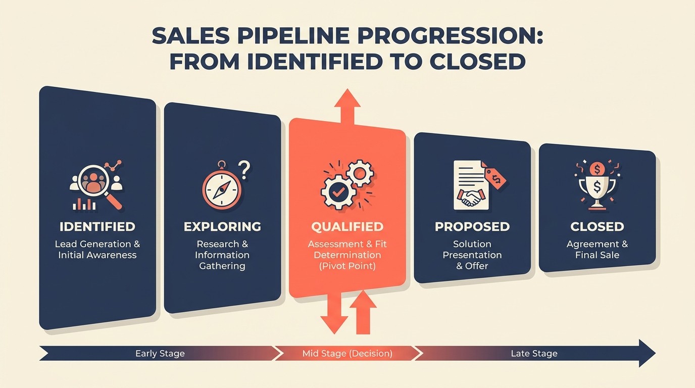Cross-sell pipeline stages from identified through closed-won with conversion rate view