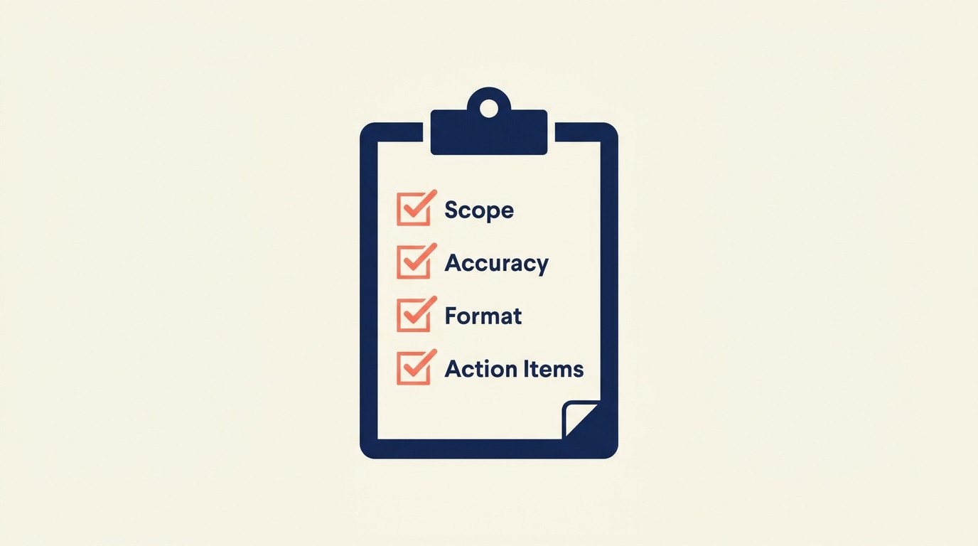 Deliverable quality checklist covering scope completeness, factual accuracy, client details, presentation, and content-specific items for consulting, technology, and creative work