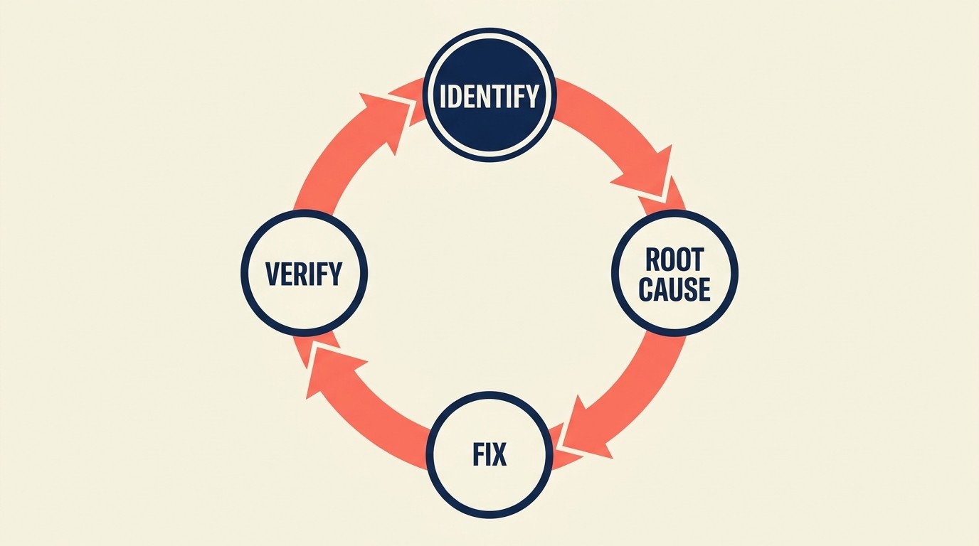 Closed-loop continuous improvement cycle from identifying issue to root cause, fix implementation, and verification across post-project quality reviews