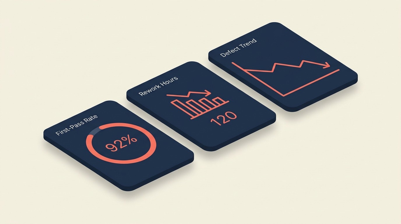 Dashboard of core quality metrics including first-pass acceptance rate, defect rate by severity, rework hours, and client satisfaction scores