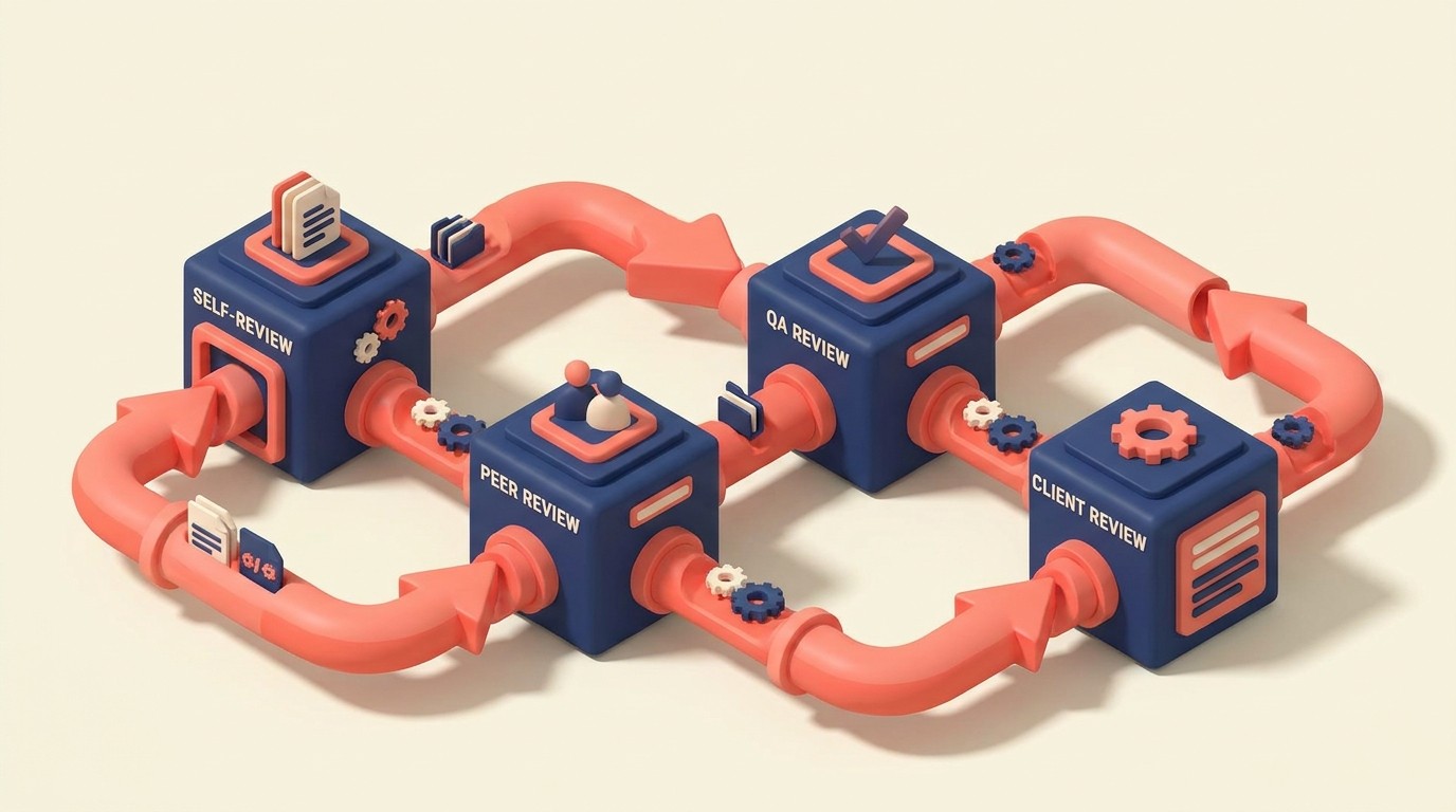 Four-stage quality review framework moving deliverables through self-review, peer review, QA review, and client review gates