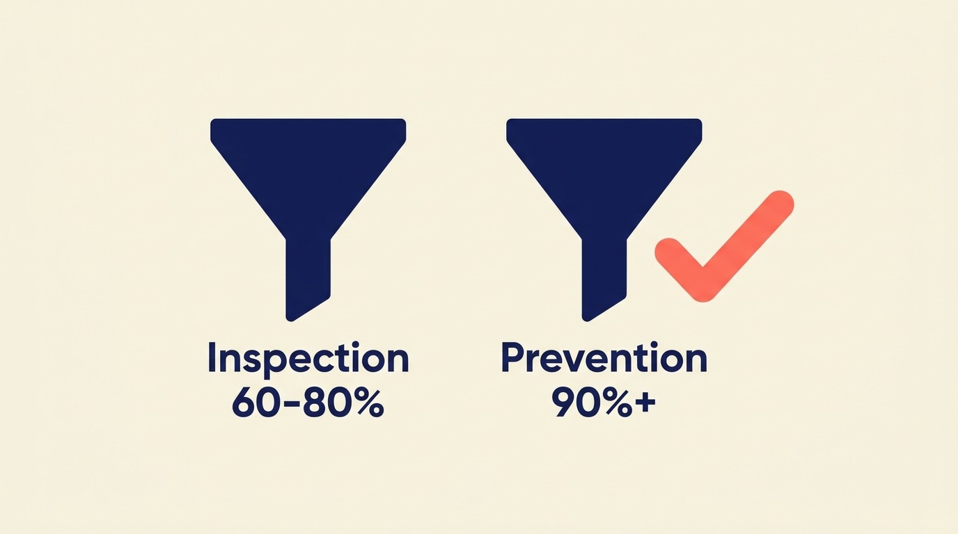 Comparison of prevention versus inspection showing prevention stops 90% of defects while inspection only catches 60-80% after the fact