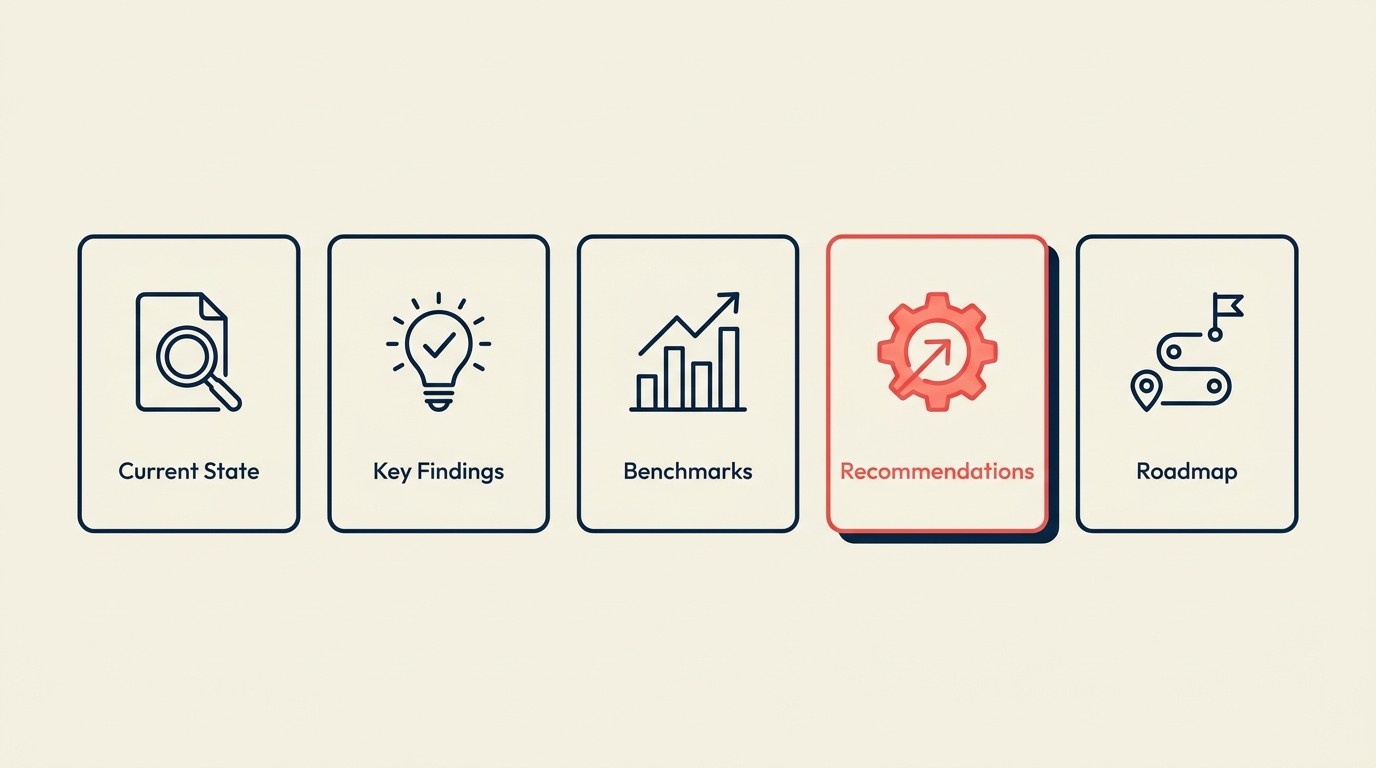Assessment deliverable stack including current state summary, key findings, benchmarking, prioritized recommendations, roadmap, and executive presentation
