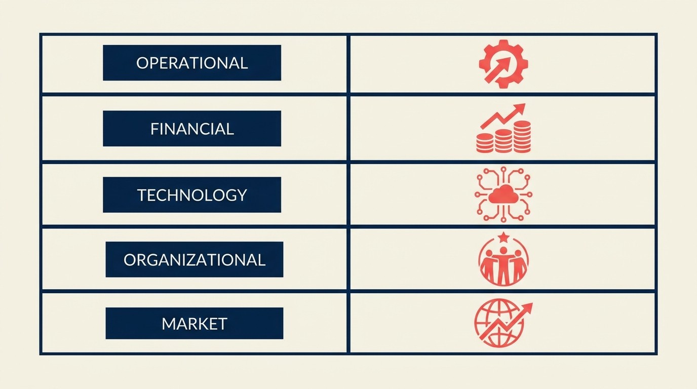 Analysis frameworks matrix mapping operational, financial, technology, organizational, market, and go-to-market assessments to analytical lenses