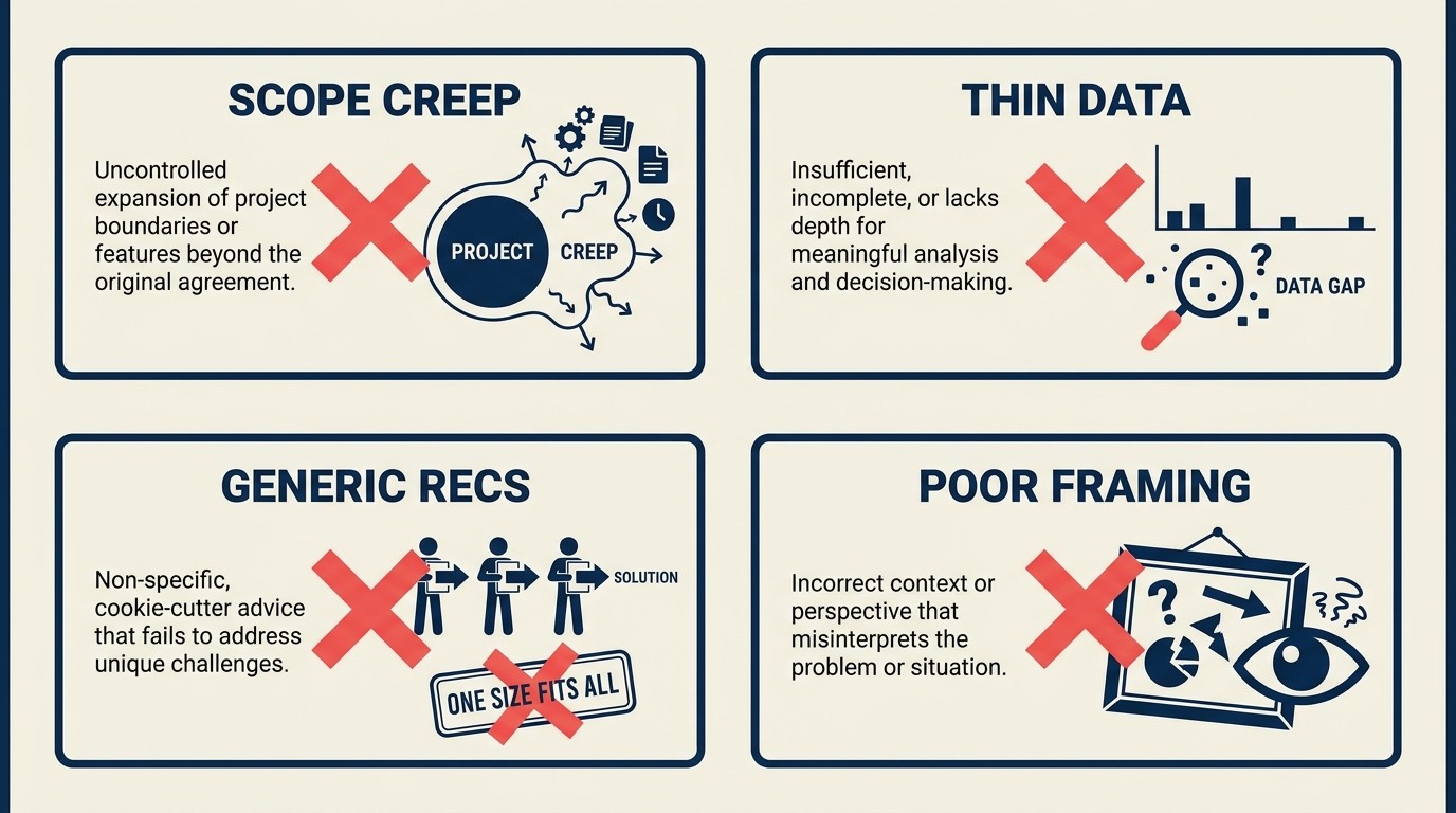 Common assessment pitfalls including scope creep, insufficient data, analysis paralysis, generic recommendations, poor communication, and no follow-through