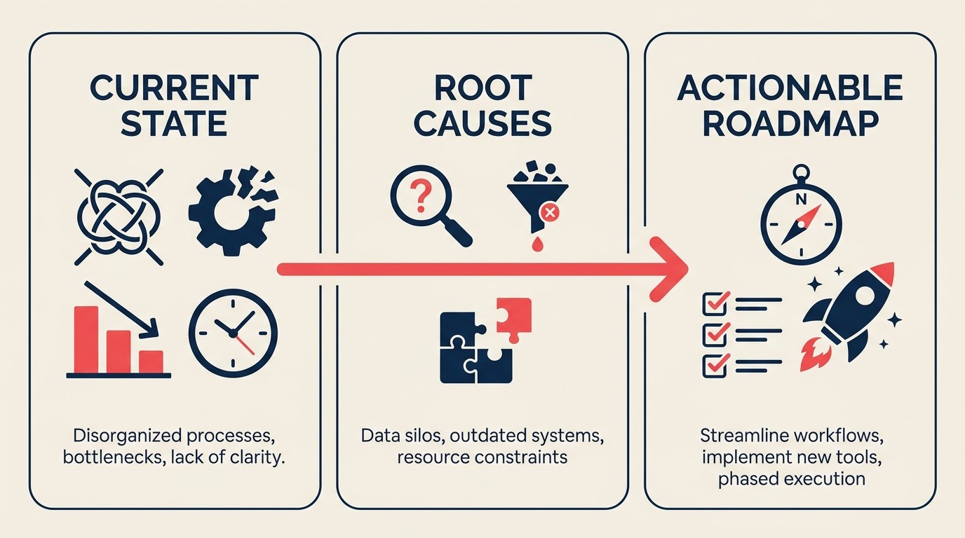Diagnostic assessment value proposition showing objective outside perspective, benchmarking, and prioritized improvements with estimated impact