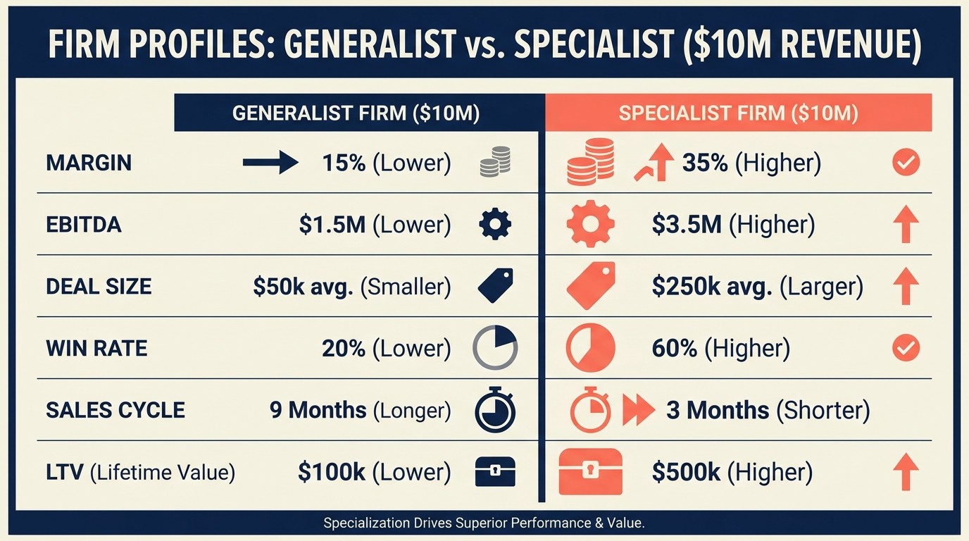 Side-by-side $10M firm comparison of gross profit, EBITDA, deal size, and lifetime value