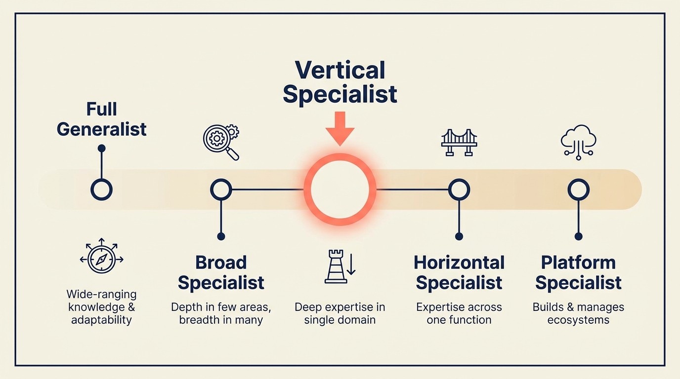 Spectrum from generalist to hyper-specialist showing vertical, horizontal, hybrid, and platform models