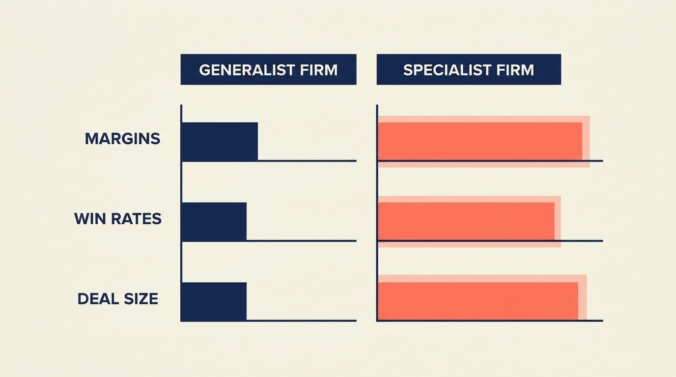 Specialist vs generalist firms compared on revenue per employee, margin, win rate, and sales cycle