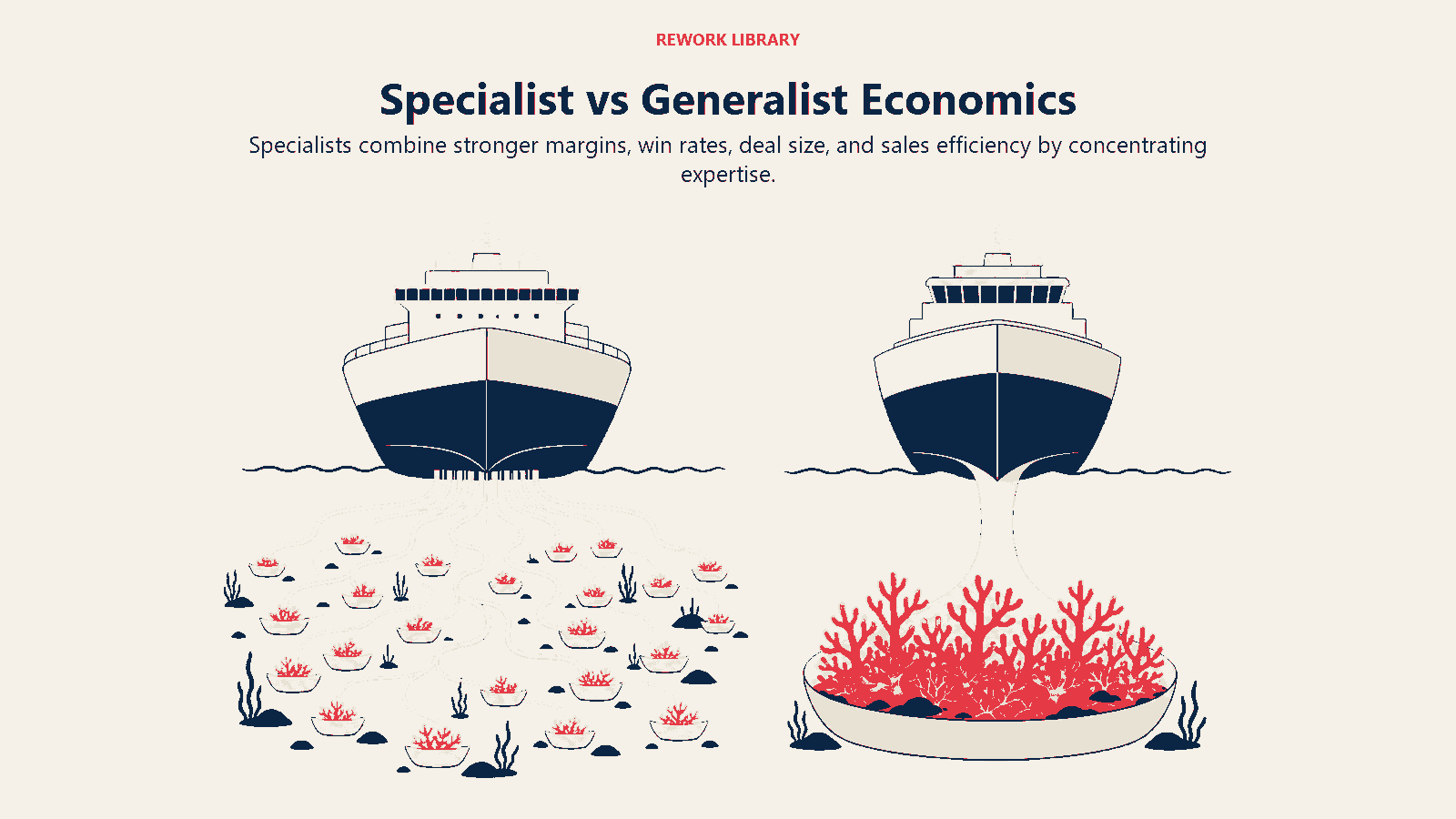 Specialist vs Generalist Economics shown as two firm vessels compare dispersed generalist effort with concentrated specialist value.