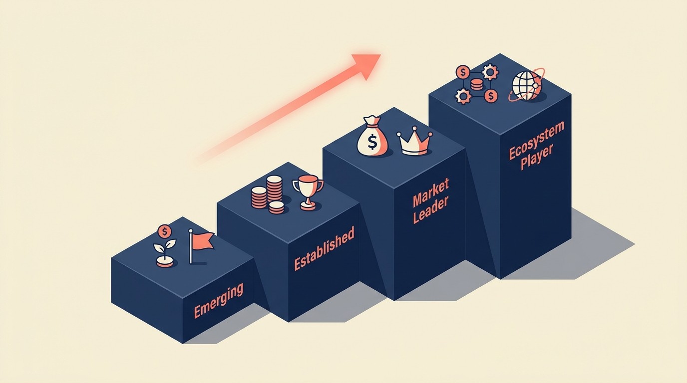 Four-stage maturity progression from emerging specialist to market leader and industry ecosystem player