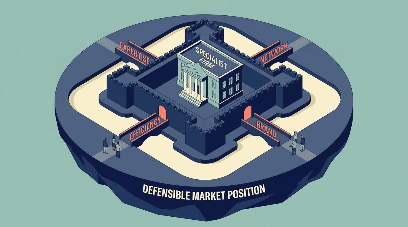 Defensible moats from specialization including expertise, networks, operations, and brand perception