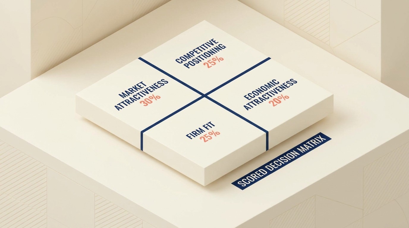 Four-dimension niche evaluation framework weighing market, competition, firm fit, and economics