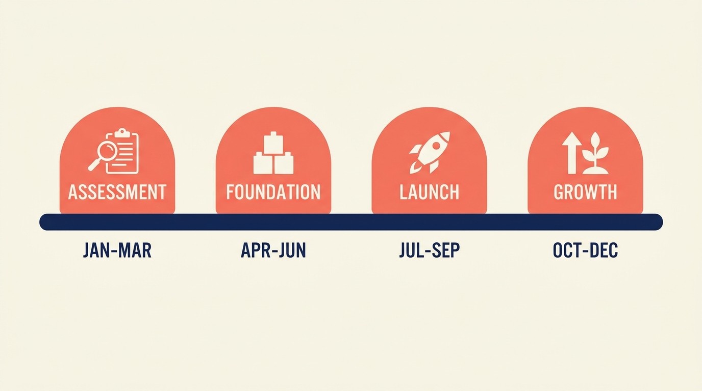 Phased specialization roadmap from assessment through foundation, launch, and scaling over 24 months