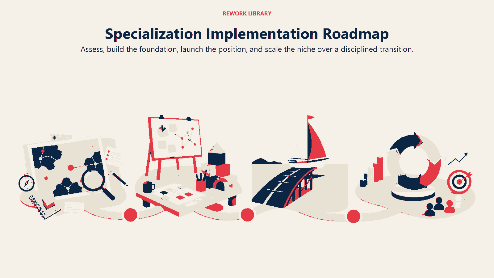 Specialization Implementation Roadmap shown as four landscape phases show diagnosis, foundation, launch, and scale.