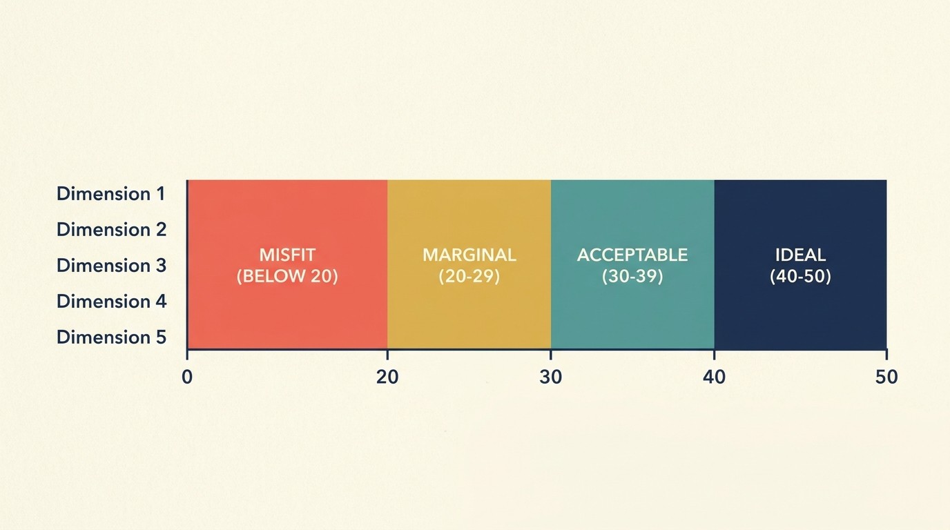 Five-dimension fit scoring framework across strategic, financial, operational, cultural, and growth potential categories totaling fifty points