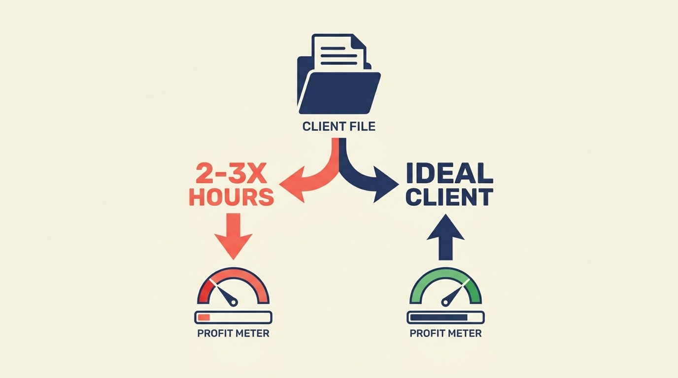 Breakdown of hidden costs from bad-fit clients including profitability destruction, opportunity cost, team burnout, reputation risk, and resource drain
