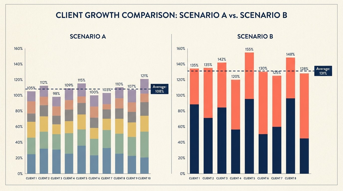 Profitability comparison showing selective client qualification generates 131 percent of target versus 108 percent without selectivity