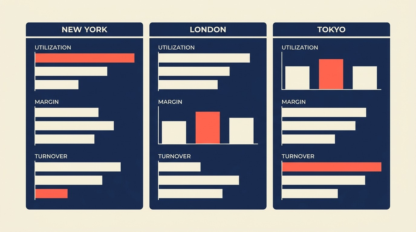 Multi-location metrics dashboard tracking profitability, utilization, and scaling indicators by office