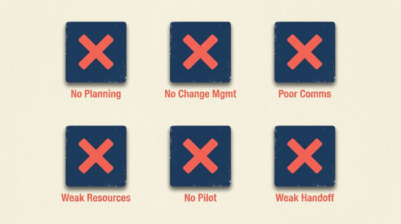 Common implementation pitfalls including rushed planning, weak change management, poor engagement, and skipped pilot phases