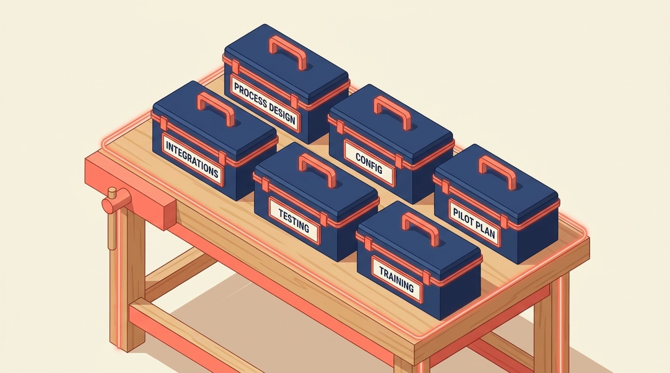 Phase 2 design and build activities including process design, system configuration, pilot setup, and training material development