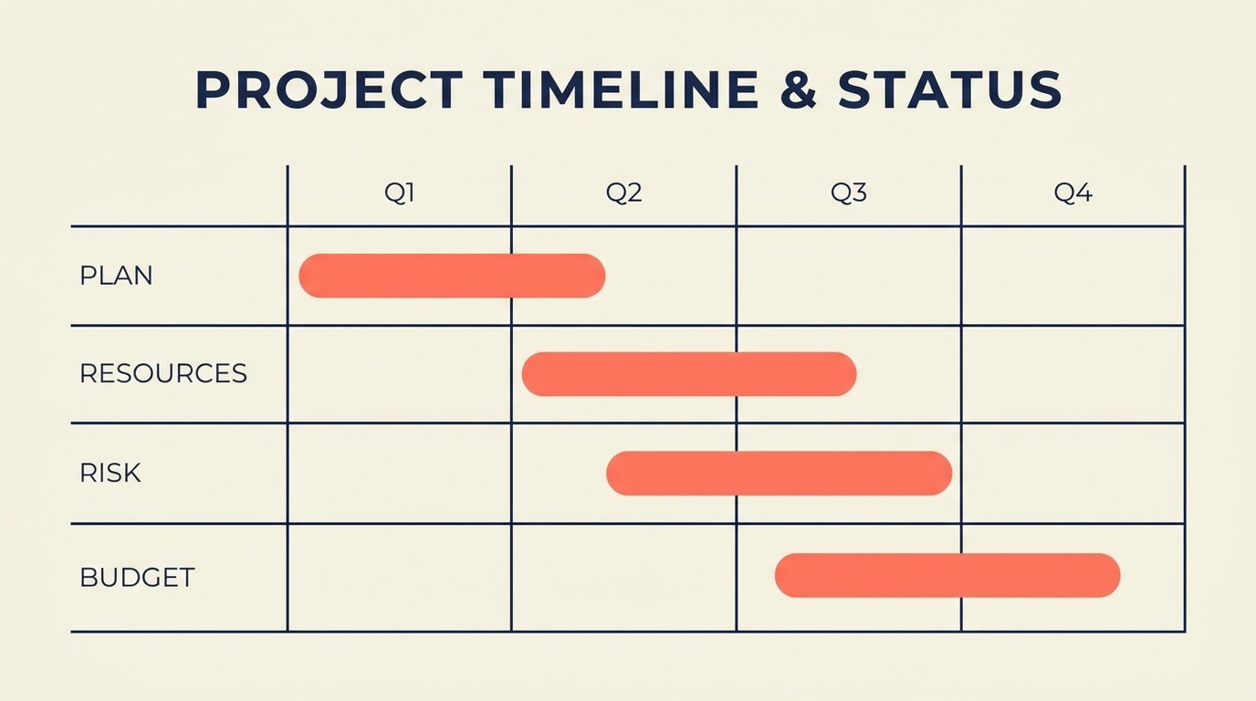 Project management discipline framework showing plans, resource allocation, risk register, budget tracking, and reporting cadence