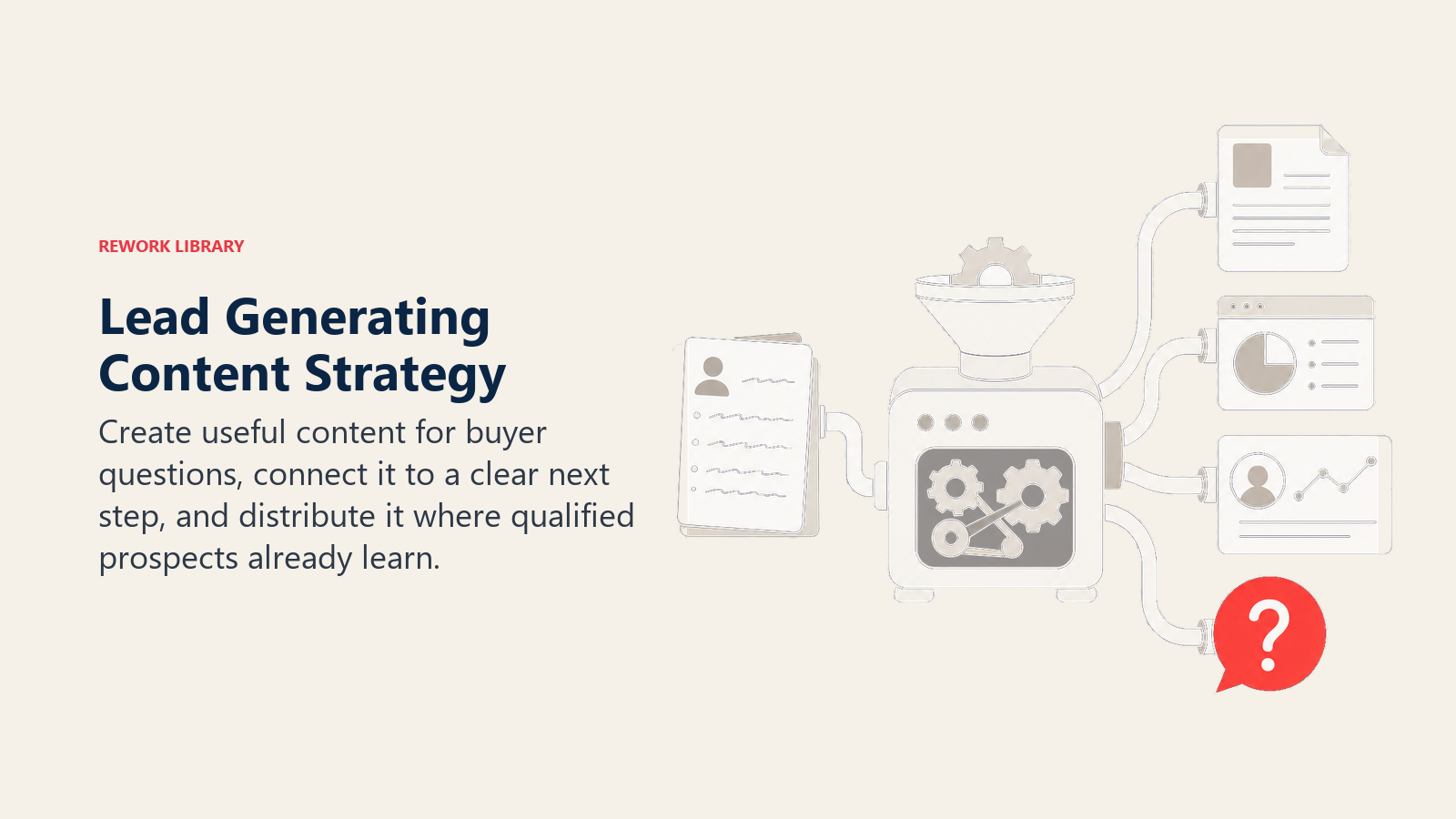 Lead Generating Content Strategy illustrated by a content engine transforming expert notes into an article, diagnostic tool, case study, and one coral qualified inquiry