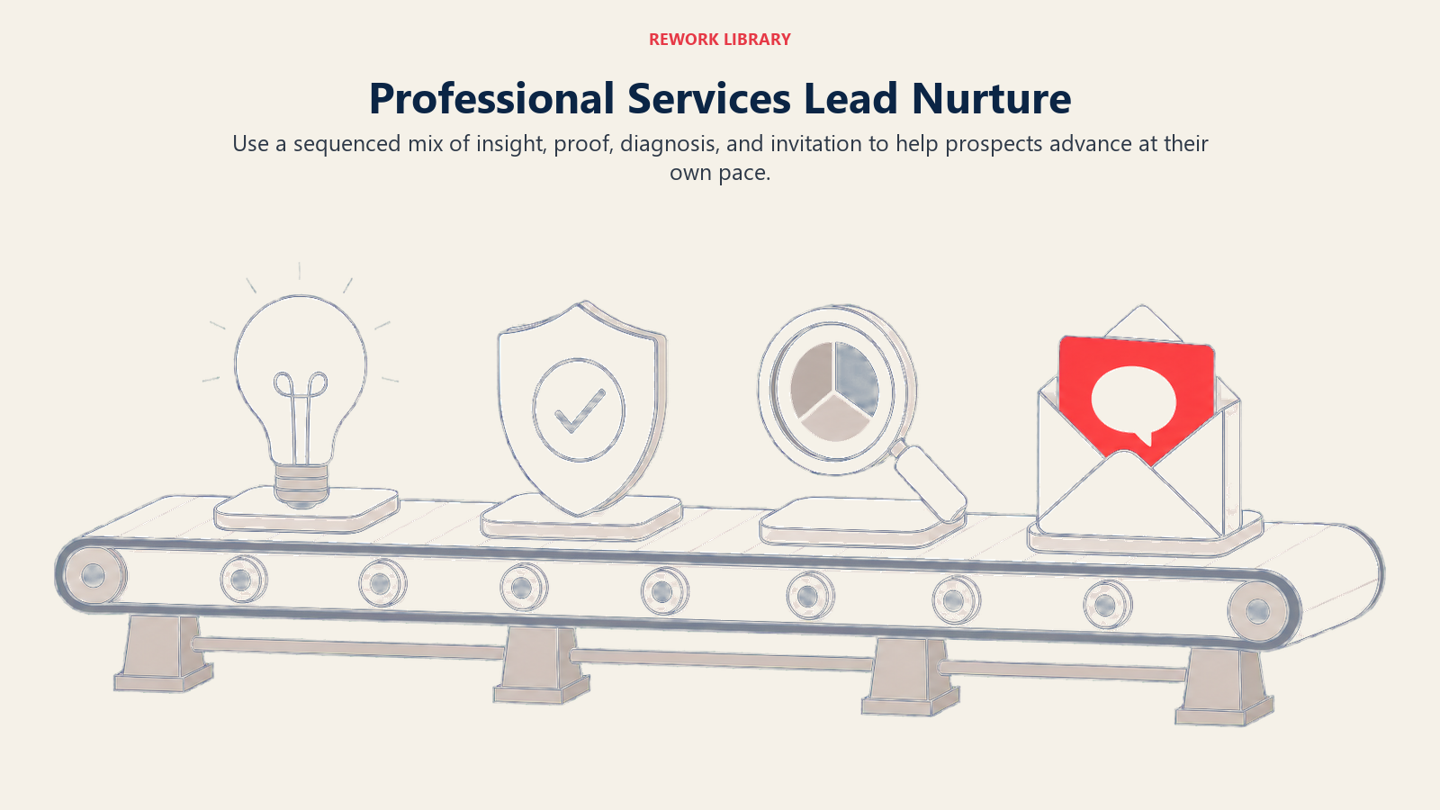 Professional Services Lead Nurture illustrated by a wide nurture conveyor carrying four large artifacts in sequence: insight, proof, diagnostic, and conversation invitation