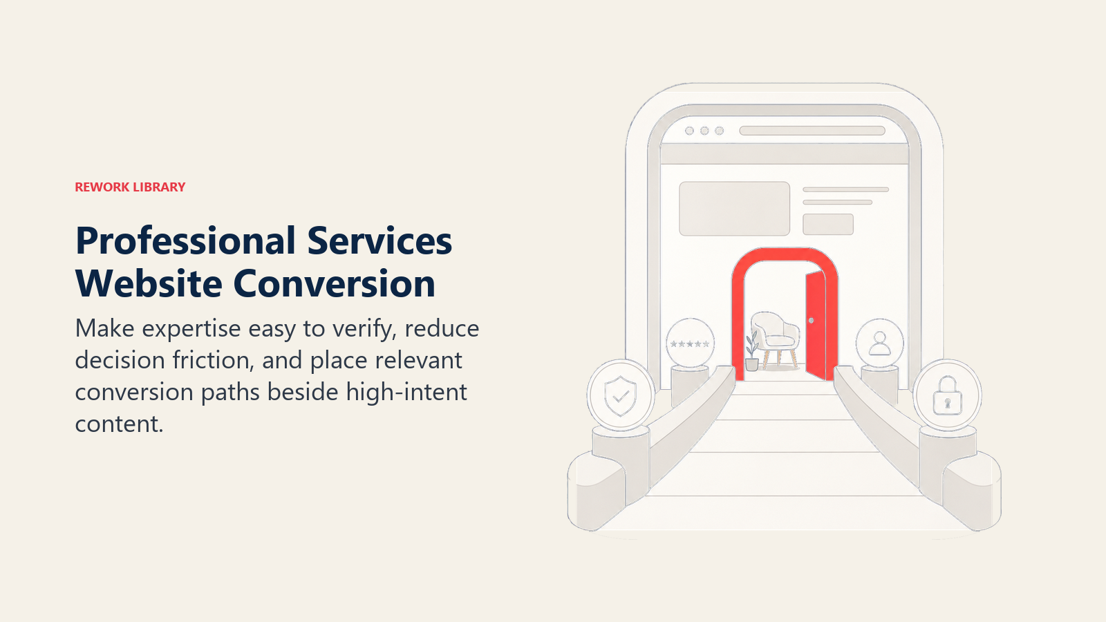 Professional Services Website Conversion illustrated by a website doorway represented as a trust corridor with proof markers, friction removed, and a coral consultation threshold