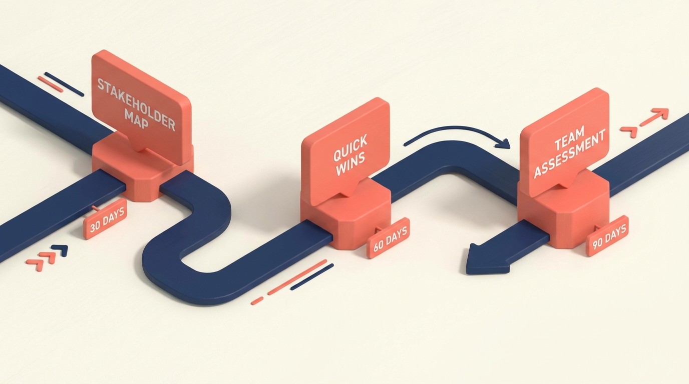 Accelerated 30-day interim executive onboarding plan with stakeholder mapping, quick wins, team assessment, and trust building