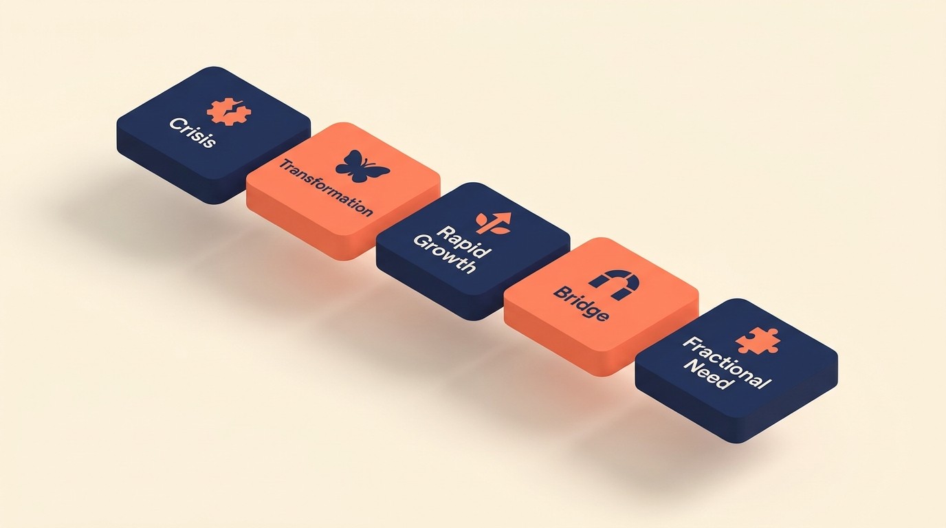 Six triggers that signal interim executive need: crisis, transformation, rapid growth, bridge roles, seasonal demand, fractional C-suite