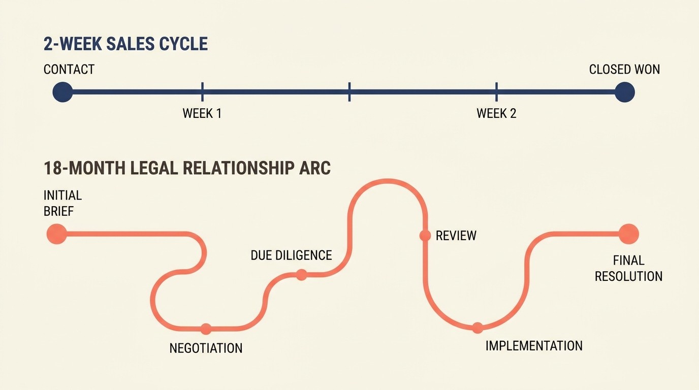 Comparison of legal business development versus traditional sales showing longer cycles, relationship primacy, and ethics constraints