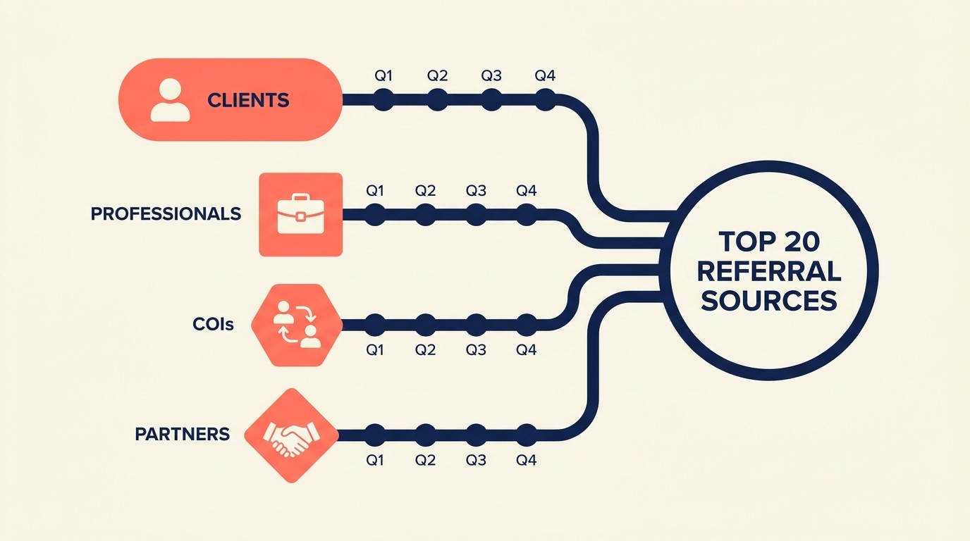 Referral network strategy framework mapping client referrals, professional peers, centers of influence, and strategic partners into a top-20 cultivation plan