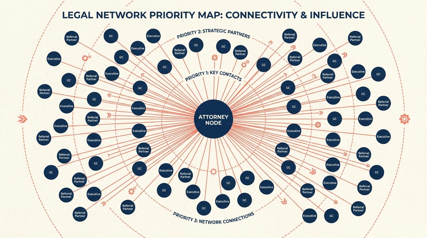 Relationship architecture diagram of a rainmaker maintaining a targeted network of 40-60 key referral sources and centers of influence