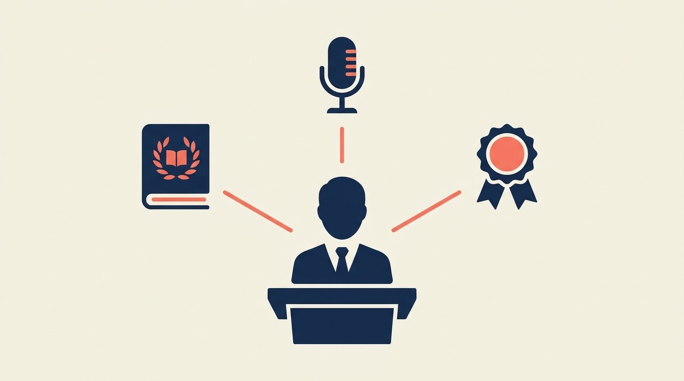 Attorney authority pillars showing publishing, speaking, awards, board certifications, and media relations building legal credibility